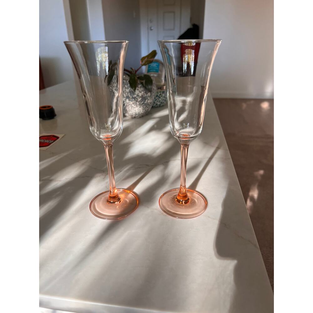 2 Vtg Pink Rose' Stem Champagne Glasses Flutes - Blush Pink Flared Wine Flutes